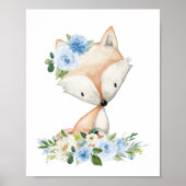 Fox, Woodland Animals, Boho, Blue Flowers Poster (Voorkant)