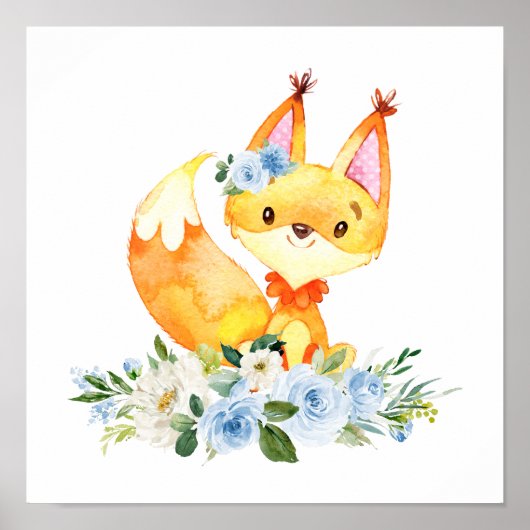 Fox, Woodland Animals, Boho, Blue Flowers Poster (Voorkant)
