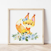 Fox, Woodland Animals, Boho, Blue Flowers Poster