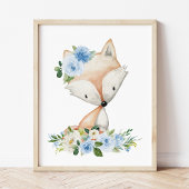 Fox, Woodland Animals, Boho, Blue Flowers Poster