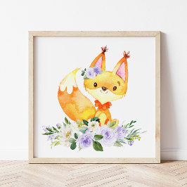 Fox, Woodland Animals, Boho, Purple Flowers Foto Afdruk
