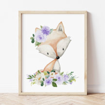 Fox, Woodland Animals, Boho, Purple Flowers