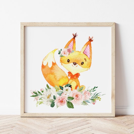 Fox, Woodland Animals, Boho, Roze Bloemen Foto Afdruk