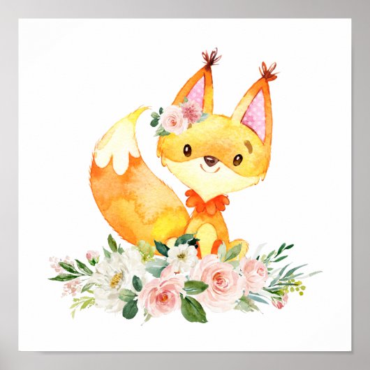 Fox, Woodland Animals, Boho, Roze Bloemen Poster (Voorkant)