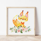Fox, Woodland Animals, Boho, Roze Bloemen Poster
