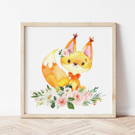 Fox, Woodland Animals, Boho, Roze Bloemen Poster
