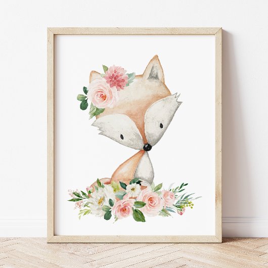 Fox, Woodland Animals, Boho, Roze Bloemen Poster