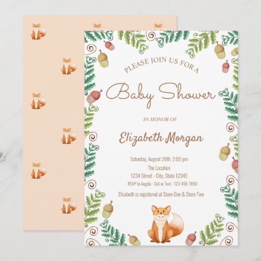 Fox, Woodland Baby shower Invitation Kaart (Voorkant / Achterkant)