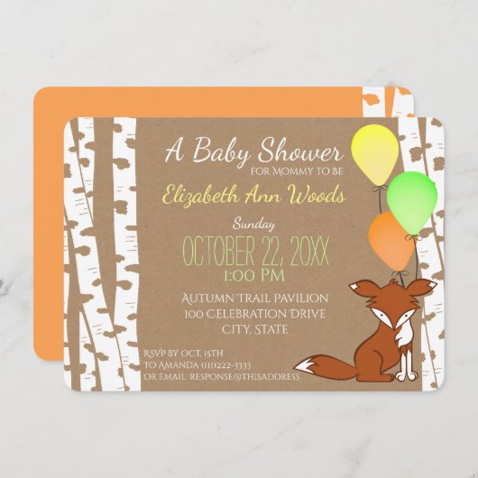Fox Woodland Birch Tree Baby shower Kaart (Voorkant / Achterkant)
