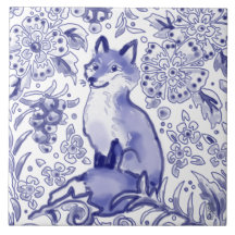 Fox Woodland Floral Blue Folk Nordic Drawing 