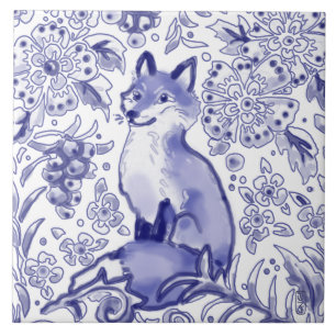 Fox Woodland Floral Blue Folk Nordic Drawing  Tegeltje