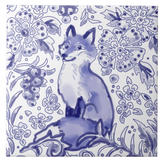Fox Woodland Floral Blue Folk Nordic Drawing Tegeltje (Voorkant)