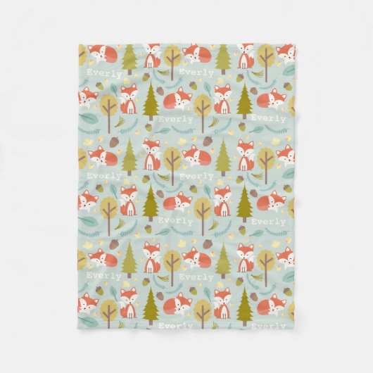 Fox Woodland Light Blue Fleece Deken (Voorkant)