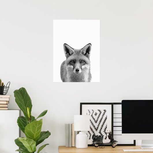 Fox Woodland Modern Portret zwart wit Poster (Thuiskantoor)
