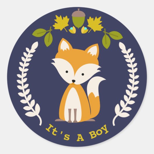Fox Wreath Boy Baby shower Ronde Sticker (Voorkant)