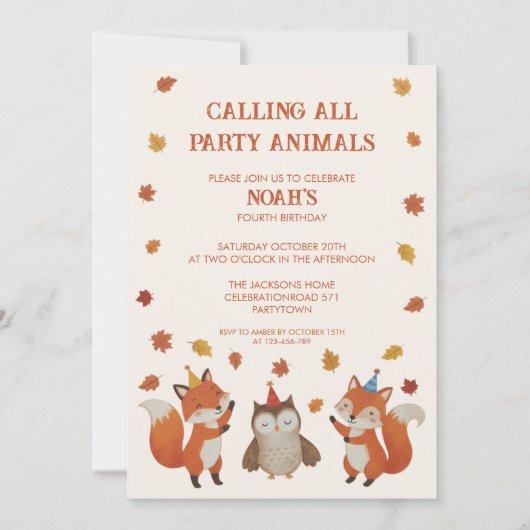 Foxes and Owl Woodland Fall Kids Birthday Party Kaart (Voorkant)