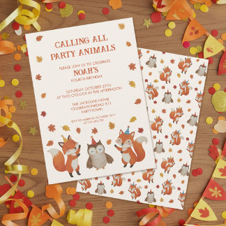 Foxes and Owl Woodland Fall Kids Birthday Party Kaart