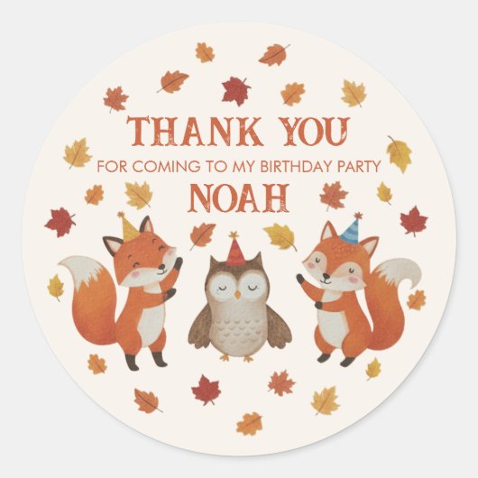 Foxes and Owl Woodland Fall Kids Birthday Sticker (Voorkant)