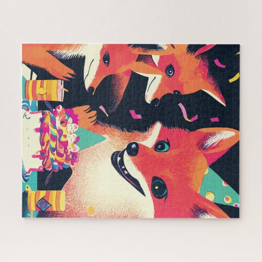 Foxes Birthday Party in Risograph Style Legpuzzel (Horizontaal)