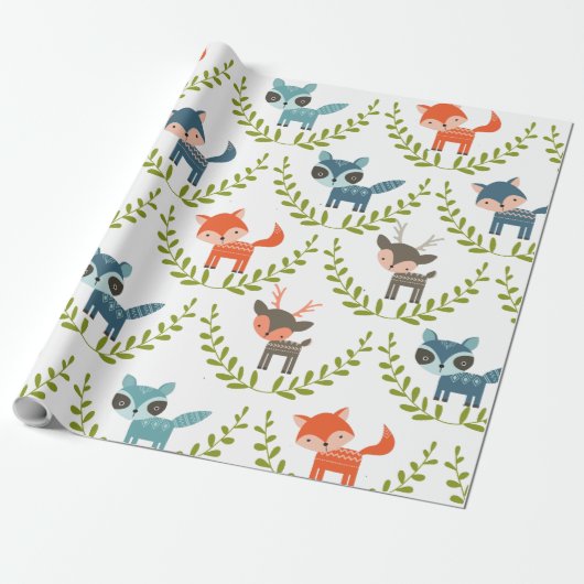Foxes en deers op groen leed cadeaupapier (Uitgerold)