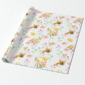 Foxes en Flowers Pink Yellow Mint Waterverf Cadeaupapier (Uitgerold)