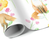 Foxes en Flowers Pink Yellow Mint Waterverf Cadeaupapier (Rol Hoek)