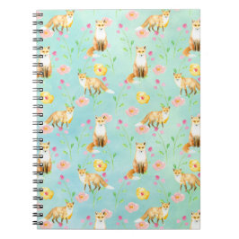 Foxes en Flowers Pink Yellow Mint Waterverf Notitieboek
