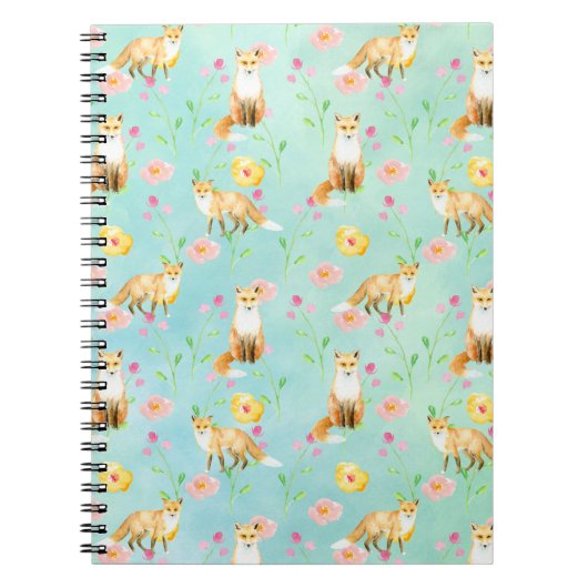 Foxes en Flowers Pink Yellow Mint Waterverf Notitieboek (Voorkant)