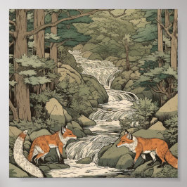 Foxes in het japanse landschap poster