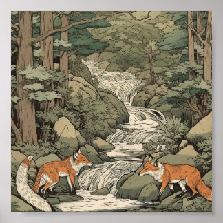 Foxes in het japanse landschap poster