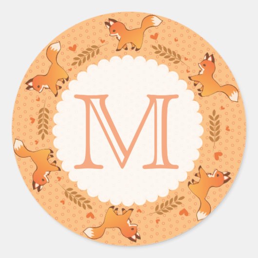 Foxes, Laurel en Hearts, met monogram Ronde Sticker (Voorkant)