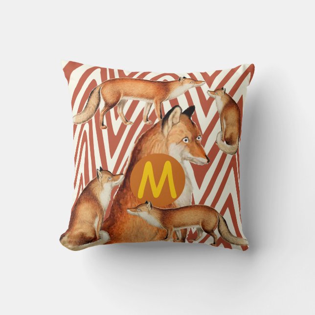  Foxes op het Oranje Zig Zag Pattern Kussen (Voorkant)