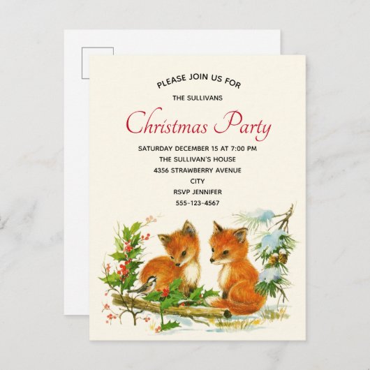 foxes Retro Kerstfeest Uitnodiging Briefkaart (Voorkant / Achterkant)