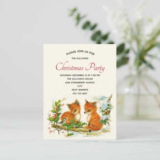  foxes Retro Kerstfeest Uitnodiging Briefkaart (Staand voorkant)