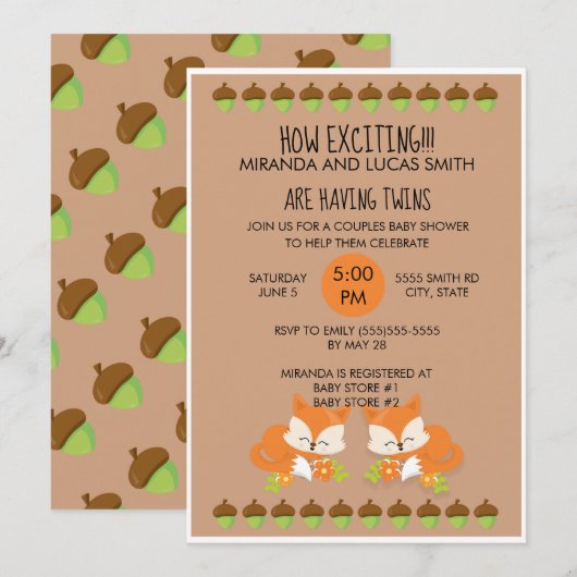 Foxes Woodland Animals Twins Baby shower Invite Kaart (Voorkant / Achterkant)