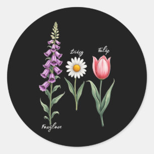 Foxglove Daisy Tulip Flower Design Bloemen Meisje Ronde Sticker