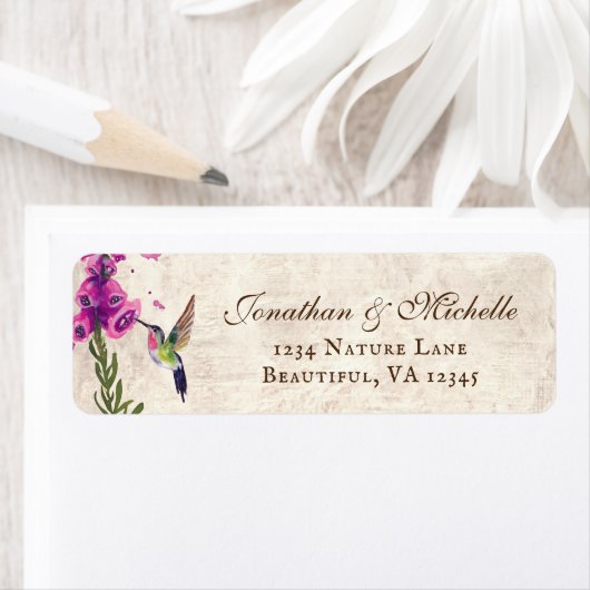 Foxglove Flowers and Hummingbird Garden Address Etiket (Insitu)