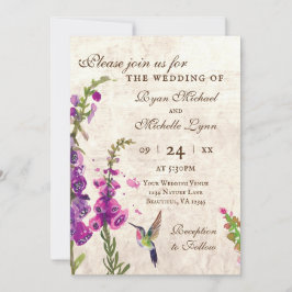 Foxglove Flowers, Hummingbird All-in-One Weddensch Kaart