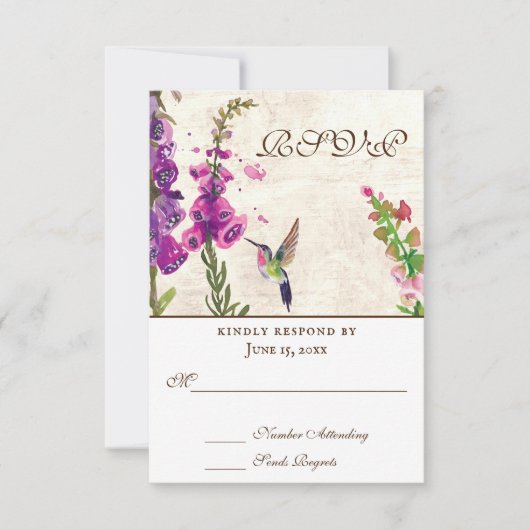 Foxglove Flowers, Hummingbird All-in-One Weddensch RSVP Kaartje (Voorkant)