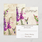 Foxglove Flowers, Hummingbird All-in-One Weddensch RSVP Kaartje (Voorkant / Achterkant)