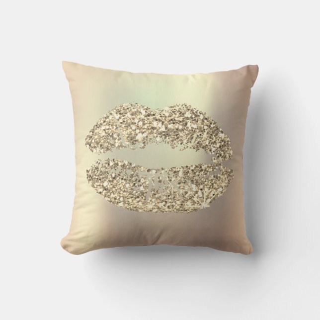 Foxier Gold Glitter Kiss Lips Glam Makeup Koper Kussen (Voorkant)