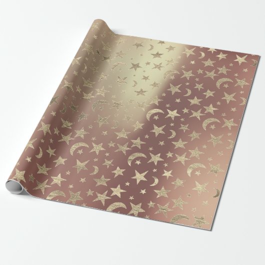 Foxier Stars Moon Gold Sky Roze Rose Blush Metaal Cadeaupapier (Uitgerold)