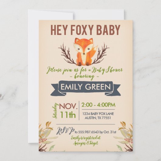 Foxy Baby shower Invitation Woodland Forest Fox Kaart (Voorkant)