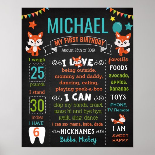 Foxy Fox First Birthday party chalkboard Poster (Voorkant)