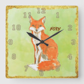 Foxy Ginger Fox Waterverf Vierkante Klok (Voorkant)