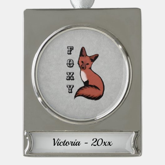 Foxy Red Fox Silver Name en Year Verzilverd Banner Ornament (Voorkant)
