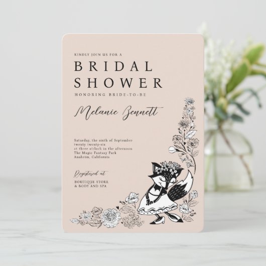 Foxy Woodland Fox bruid Elegante geschetste bloeme Kaart (Staand voorkant)