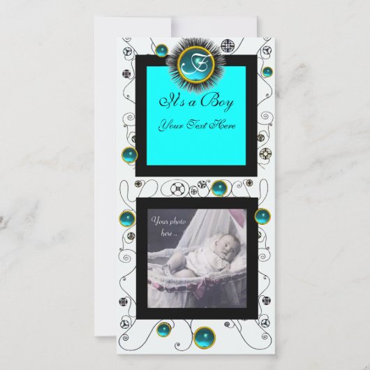 FRAAI KRULLEND BABY JONGENS INITIËLEN , aquamarijn Aankondiging (Voorkant)