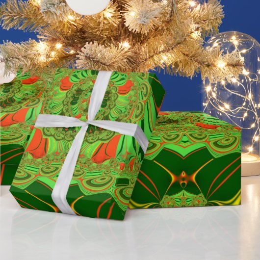 ~ Fractaal patroon groen rood geel ~ Cadeaupapier (Feestdagen)