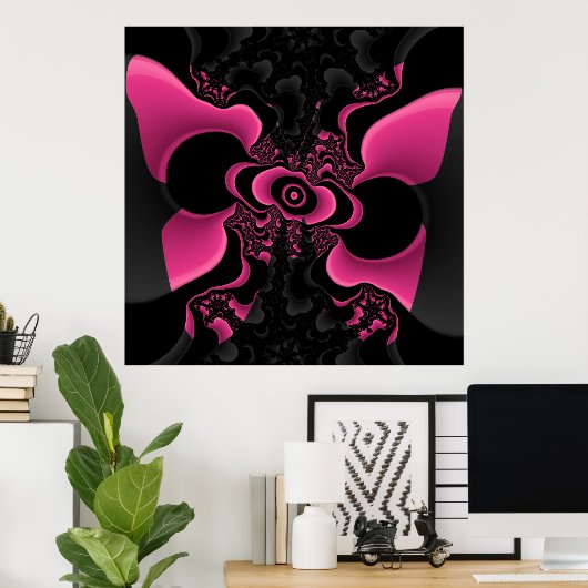 Fractaal Poster zwarte en roze vlinder (Thuiskantoor)